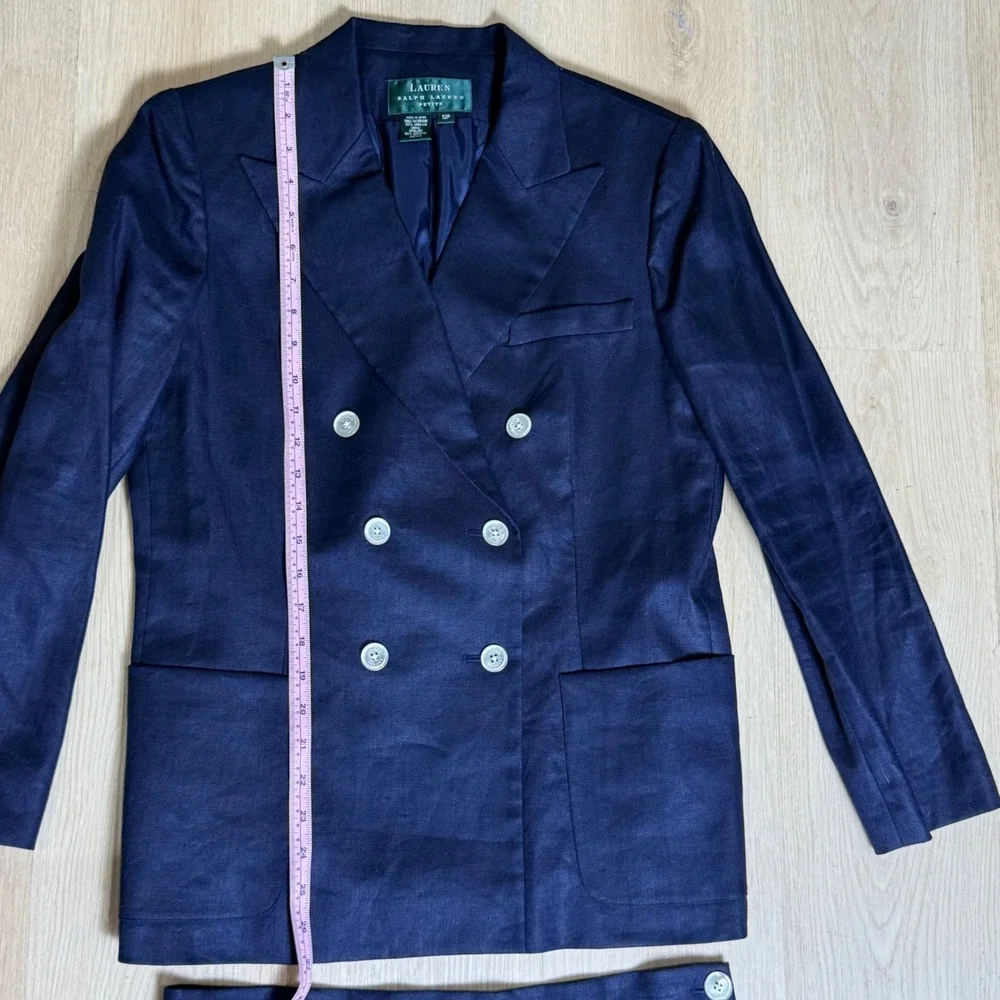 Lauren Ralph Lauren Skirt Suit Womens 12P Navy Blue Linen Double Breasted Blazer